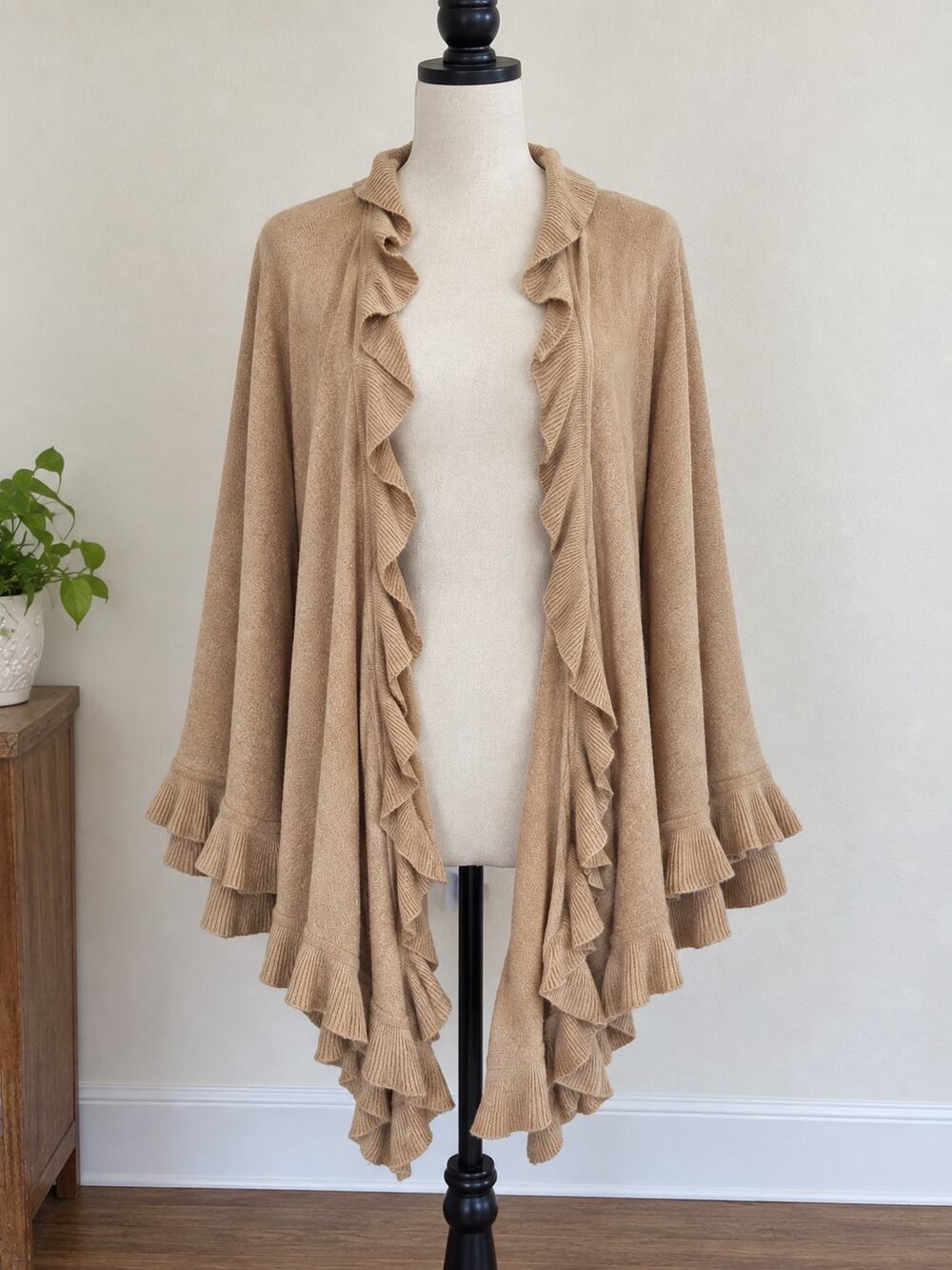 Geneology Fall Boho Ruffle Open Front Poncho Cape Cardigan Tan One Size